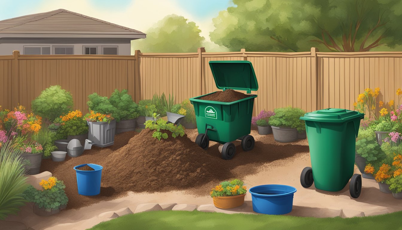 A backyard in Peoria, AZ with a compost bin, garden tools, and a variety of organic waste being added to the compost pile