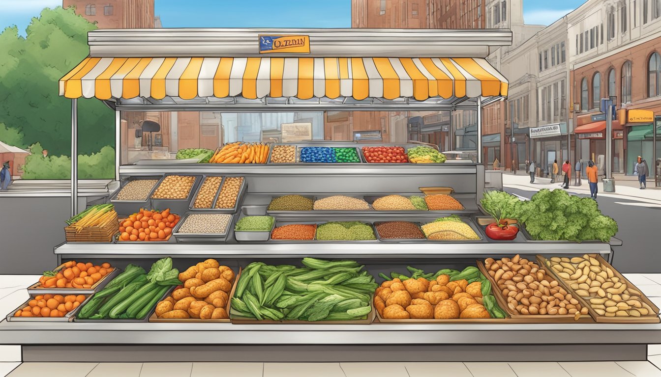 A colorful display of fresh vegetables, grilled chicken, and whole grains at a Penn Station food stand