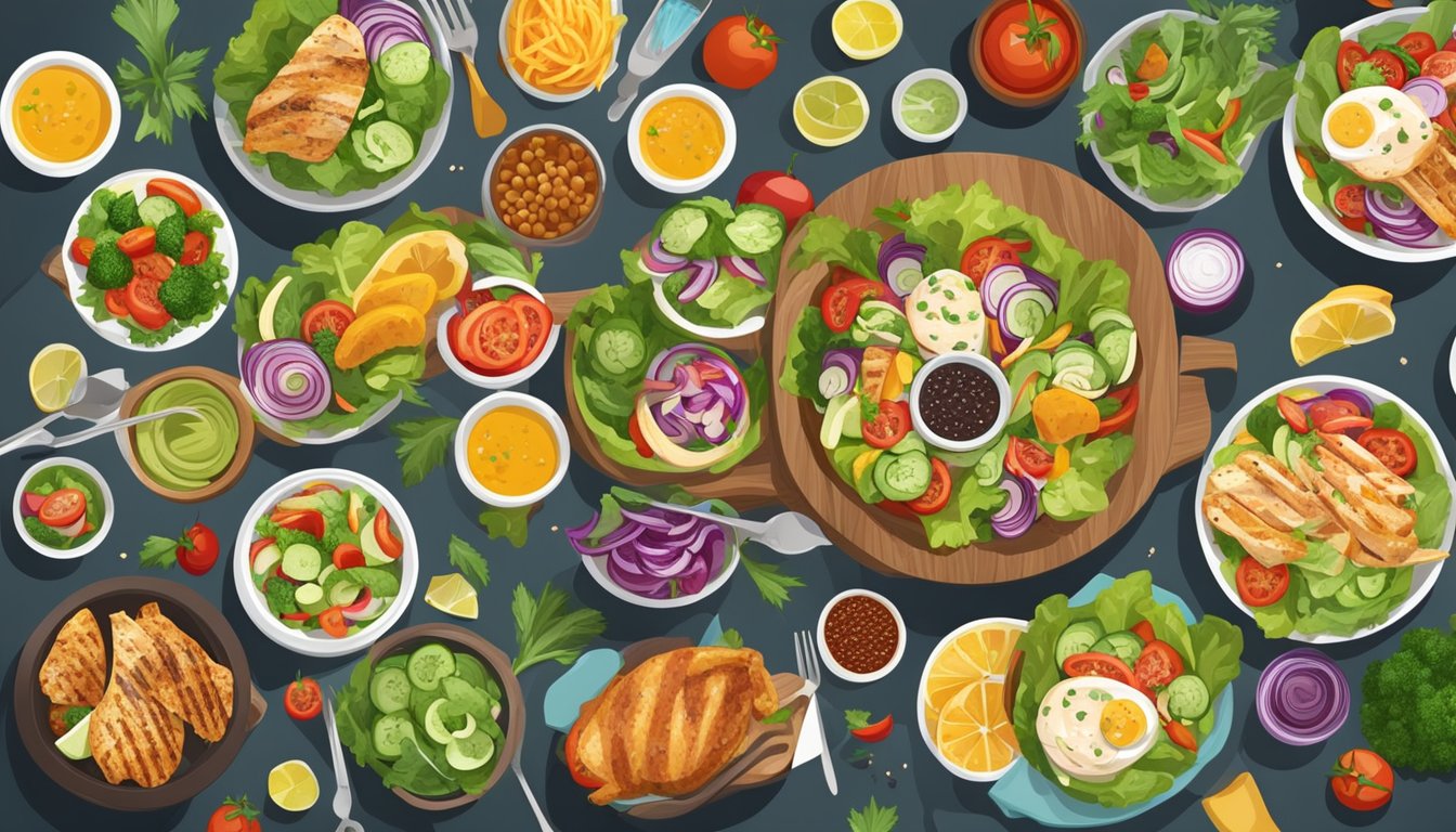 A colorful salad bar with fresh vegetables and a variety of healthy toppings, surrounded by a selection of grilled chicken and fish options