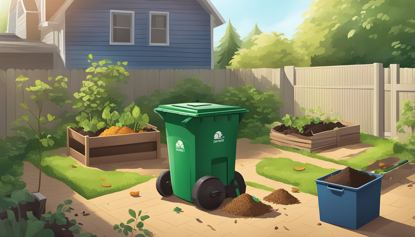 A sunny backyard with a compost bin, shovel, and various organic waste materials spread out on the ground