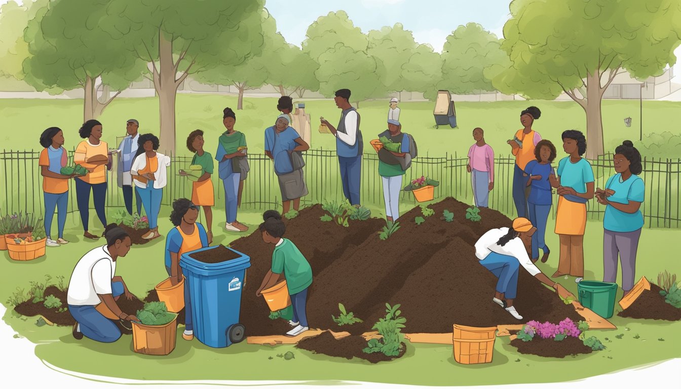 A group of community members gather in a park to learn about composting from a local public service representative. They are surrounded by bins of compost and gardening tools