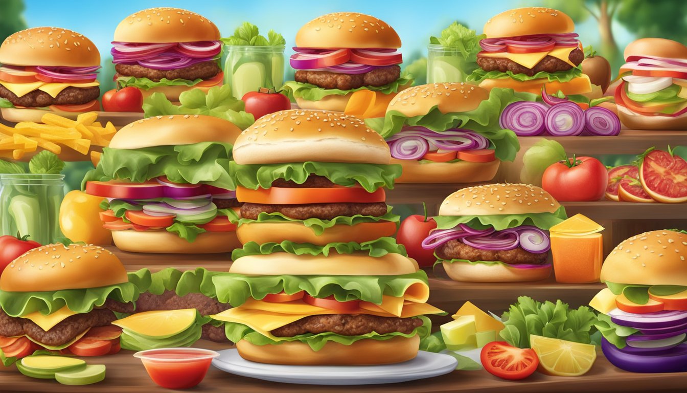 A colorful spread of gourmet burgers and sandwiches surrounded by fresh, vibrant vegetables and fruits, with a focus on healthy, wholesome ingredients