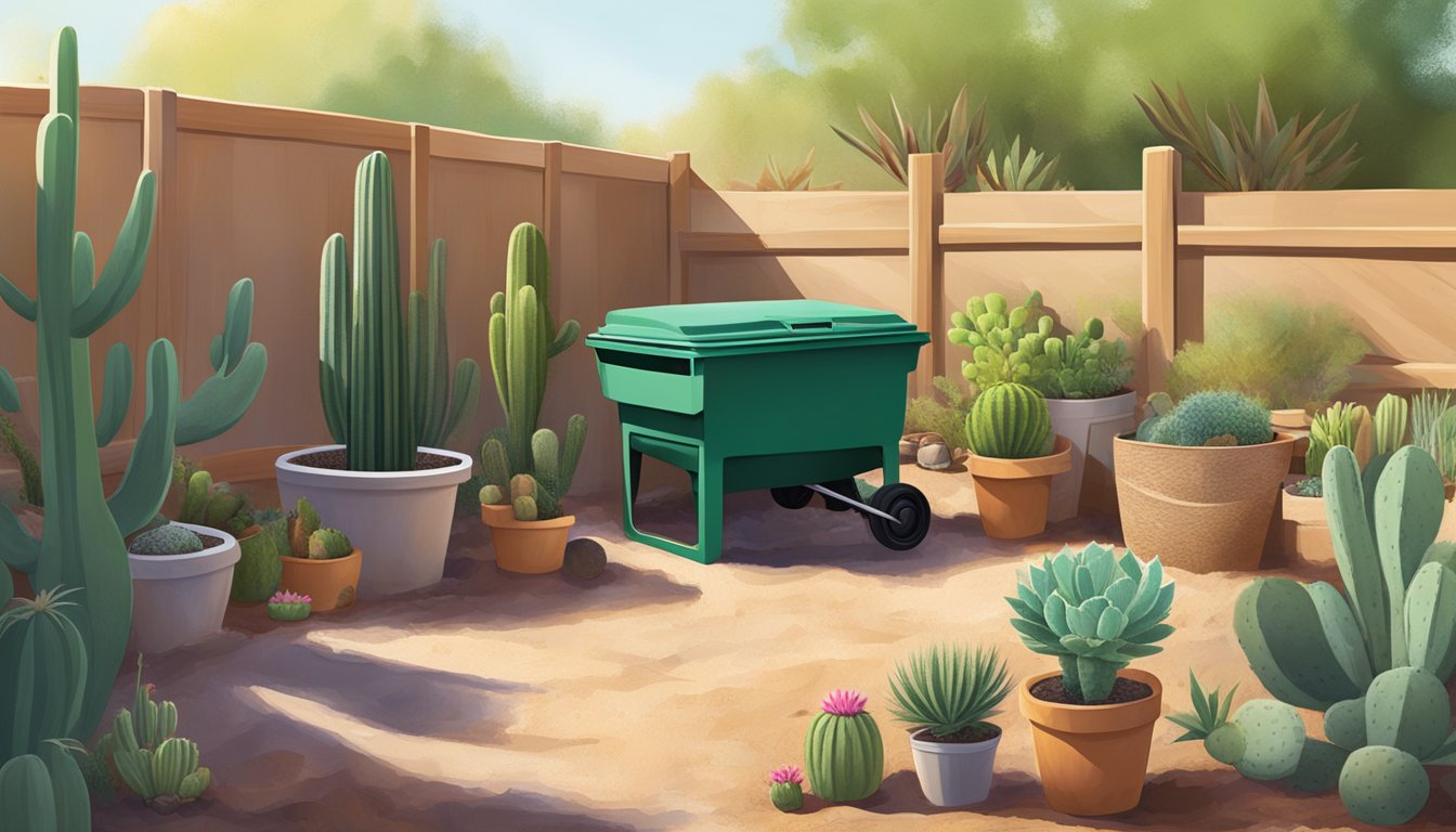 A backyard in Mesa, AZ with a compost bin, garden tools, and a variety of organic materials being layered and turned. A sunny day with cacti in the background