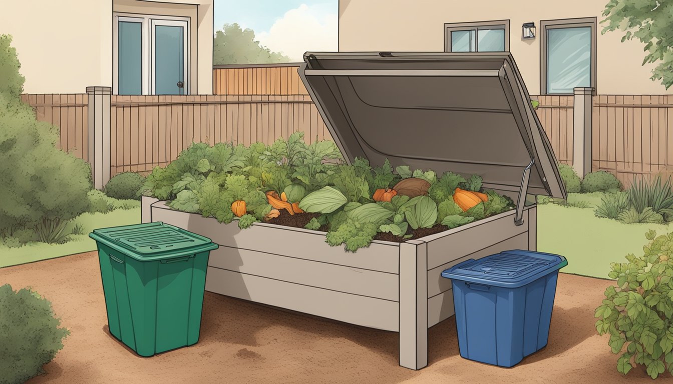 A person placing kitchen scraps and yard waste into a compost bin in a backyard garden in Mesa, Arizona