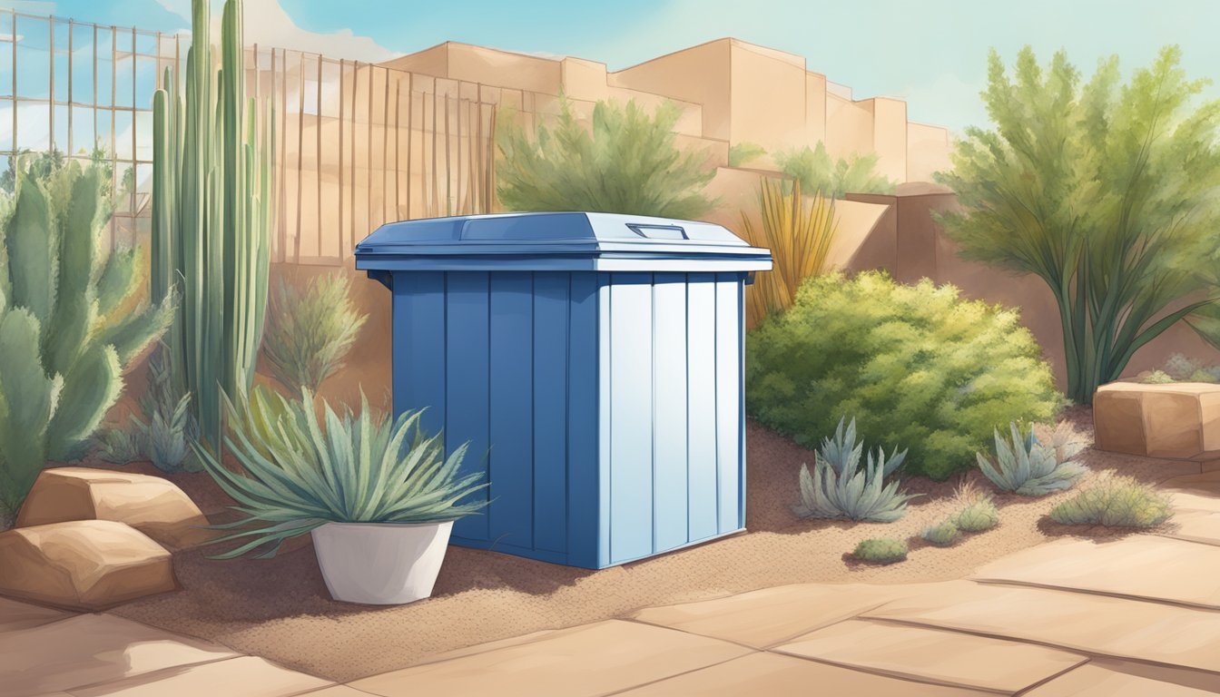 A sunny backyard with a compost bin surrounded by desert plants and a clear blue sky in Phoenix, AZ