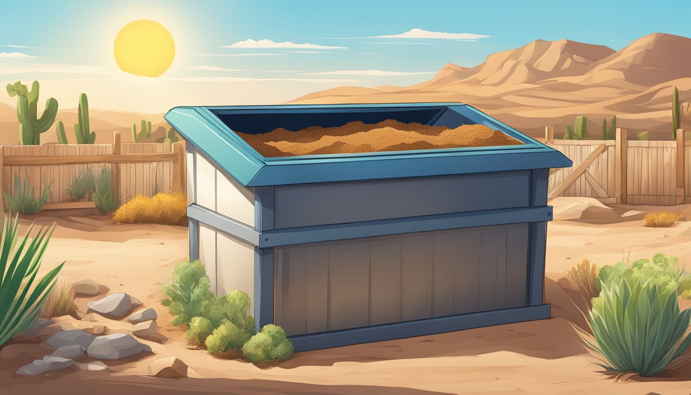 A backyard compost bin surrounded by dry, desert landscape with a clear blue sky and the sun shining down