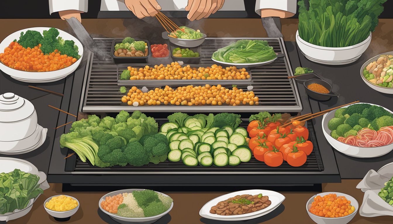 A chef prepares a colorful array of fresh vegetables and lean proteins on a sizzling hibachi grill at Benihana, surrounded by a variety of nutritious ingredients and seasonings