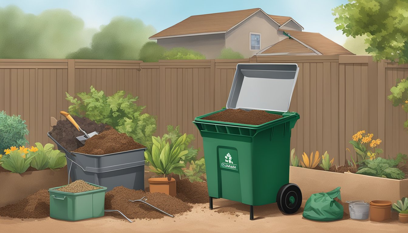 A backyard in Mesa, AZ with a compost bin, gardening tools, and a variety of organic waste being added to the compost pile