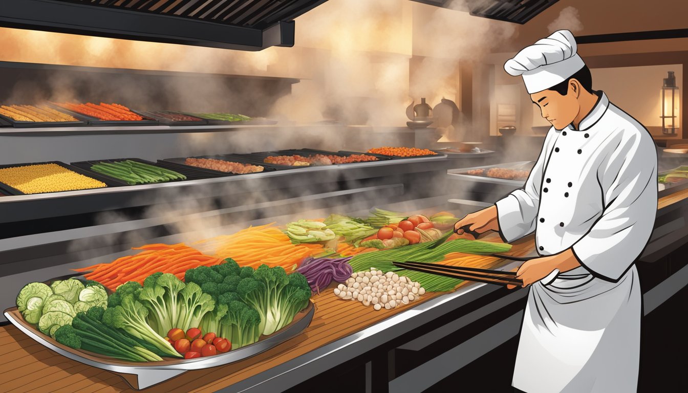 A colorful array of fresh vegetables and lean proteins sizzling on a teppanyaki grill at Benihana, with a chef skillfully preparing specific dietary adjustments