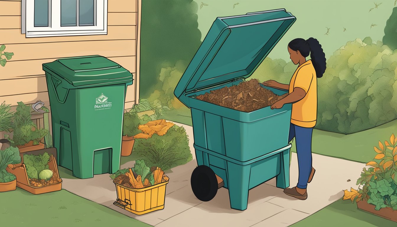 A person placing food scraps and yard waste into a compost bin in their backyard, following the guidelines outlined in the Mesa guide to composting