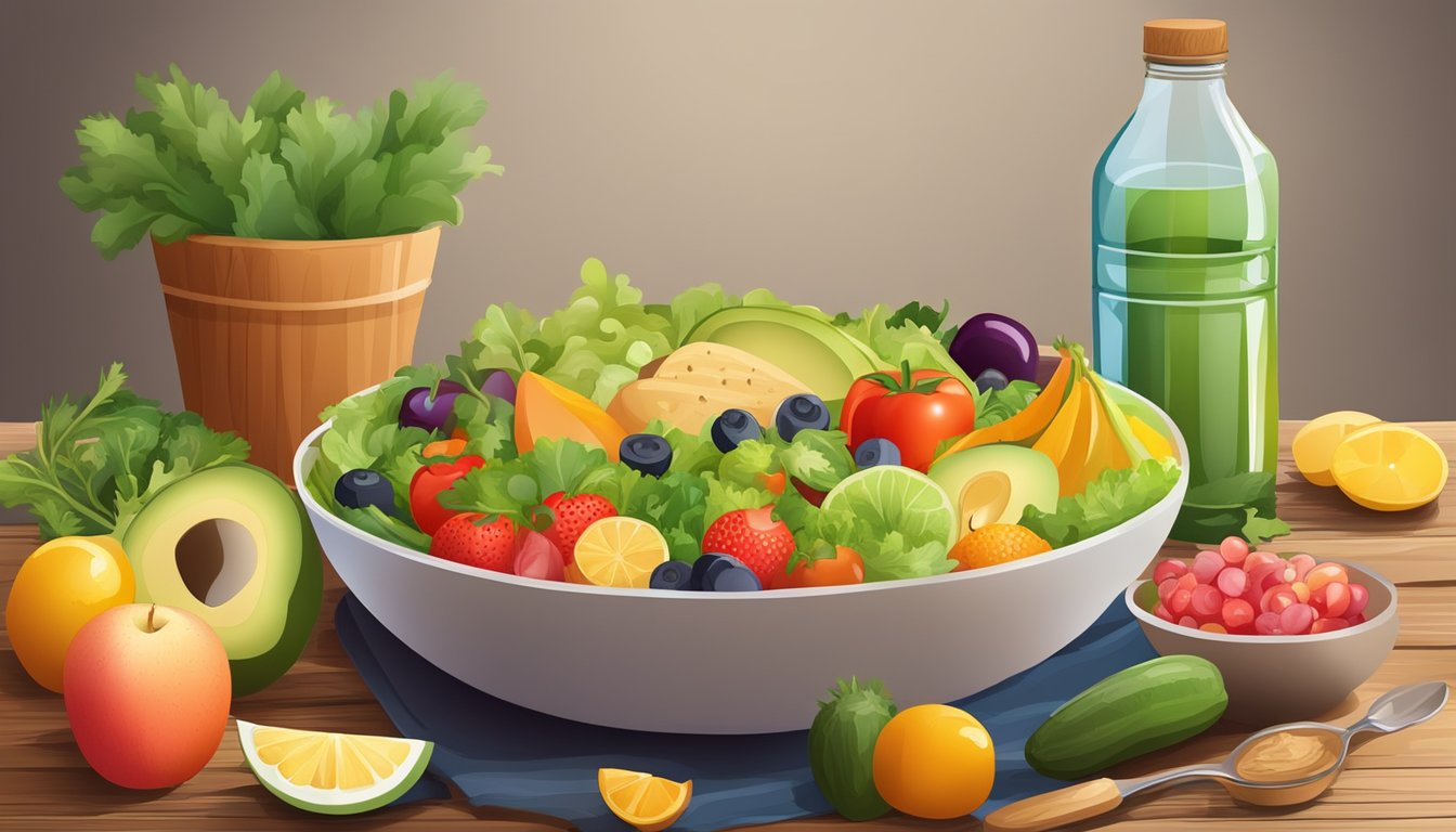 A colorful salad bowl surrounded by fresh fruits and vegetables, with a side of whole grain bread and a bottle of water on a wooden table