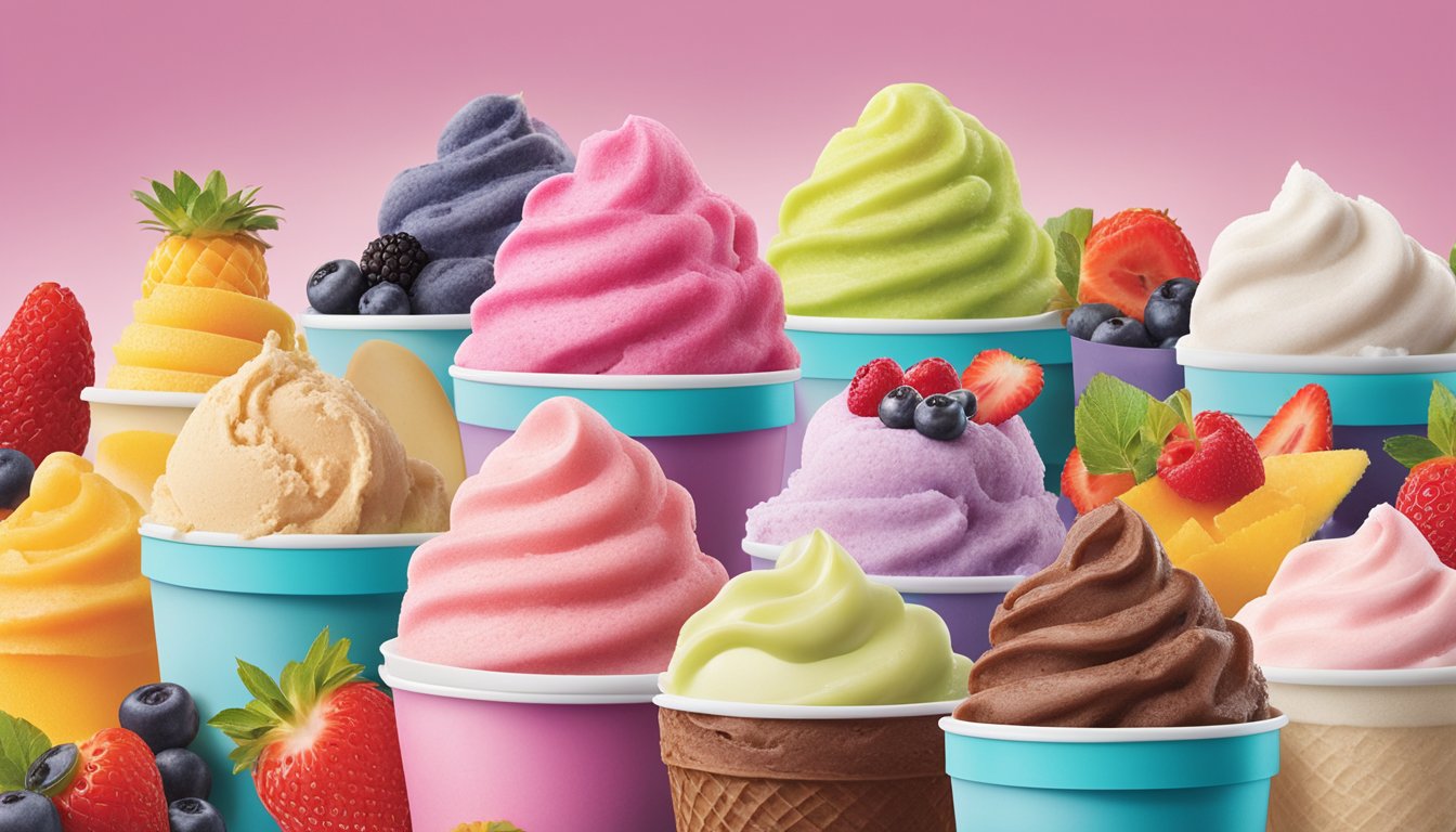 A colorful display of fruit-flavored sorbets and low-fat ice creams at Baskin-Robbins, surrounded by vibrant, fresh fruit and wholesome toppings