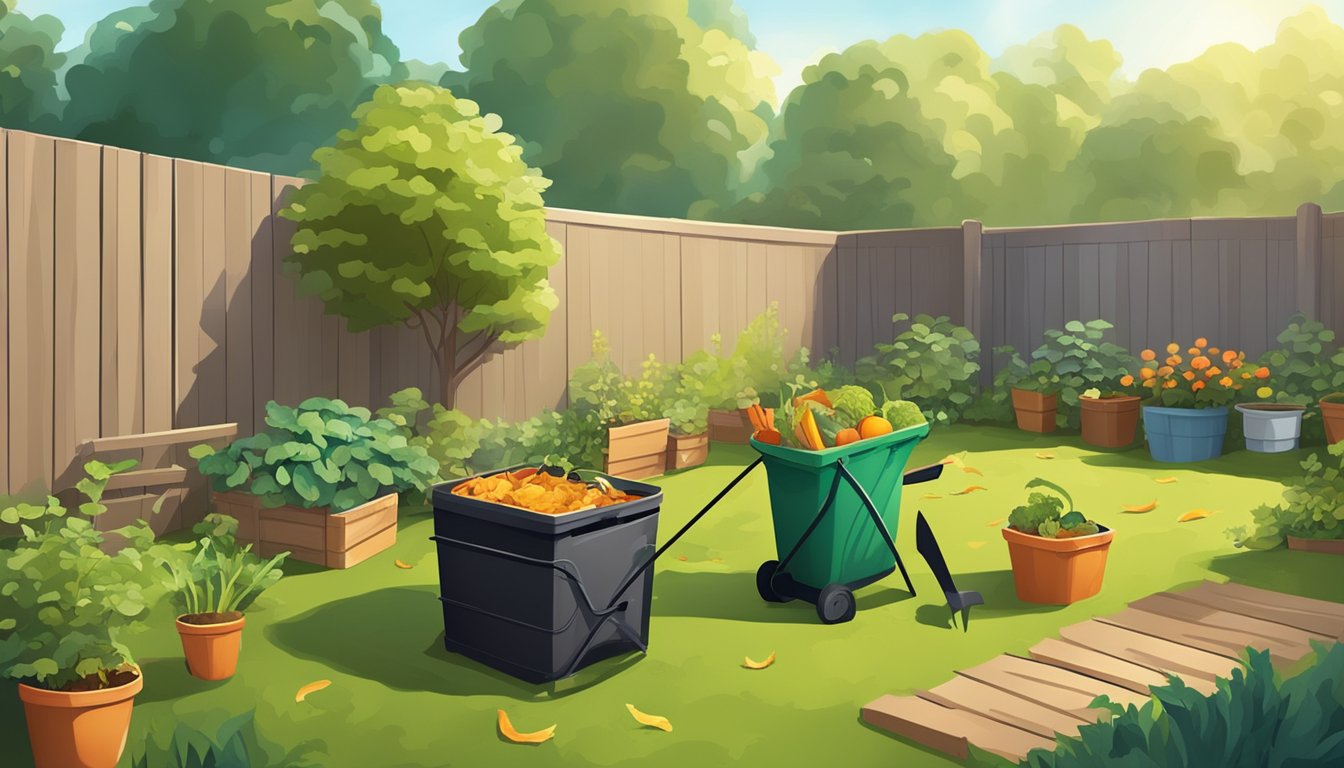 A sunny backyard with a compost bin, shovel, and various organic waste materials like fruit peels and vegetable scraps. A small garden with thriving plants in the background