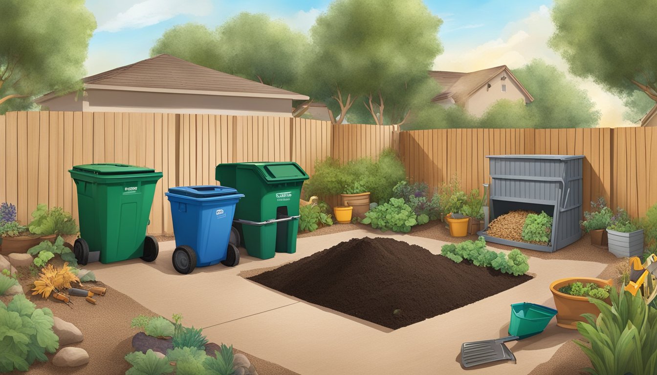 A backyard in Surprise, AZ with a composting bin, garden tools, and a variety of organic waste being added to the compost pile