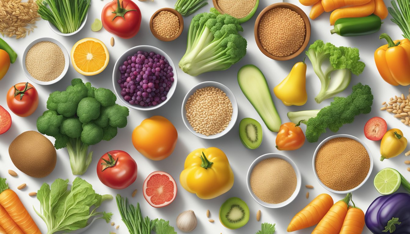 A colorful array of fresh vegetables and fruits displayed on a clean, white table with a variety of whole grains and lean proteins in the background