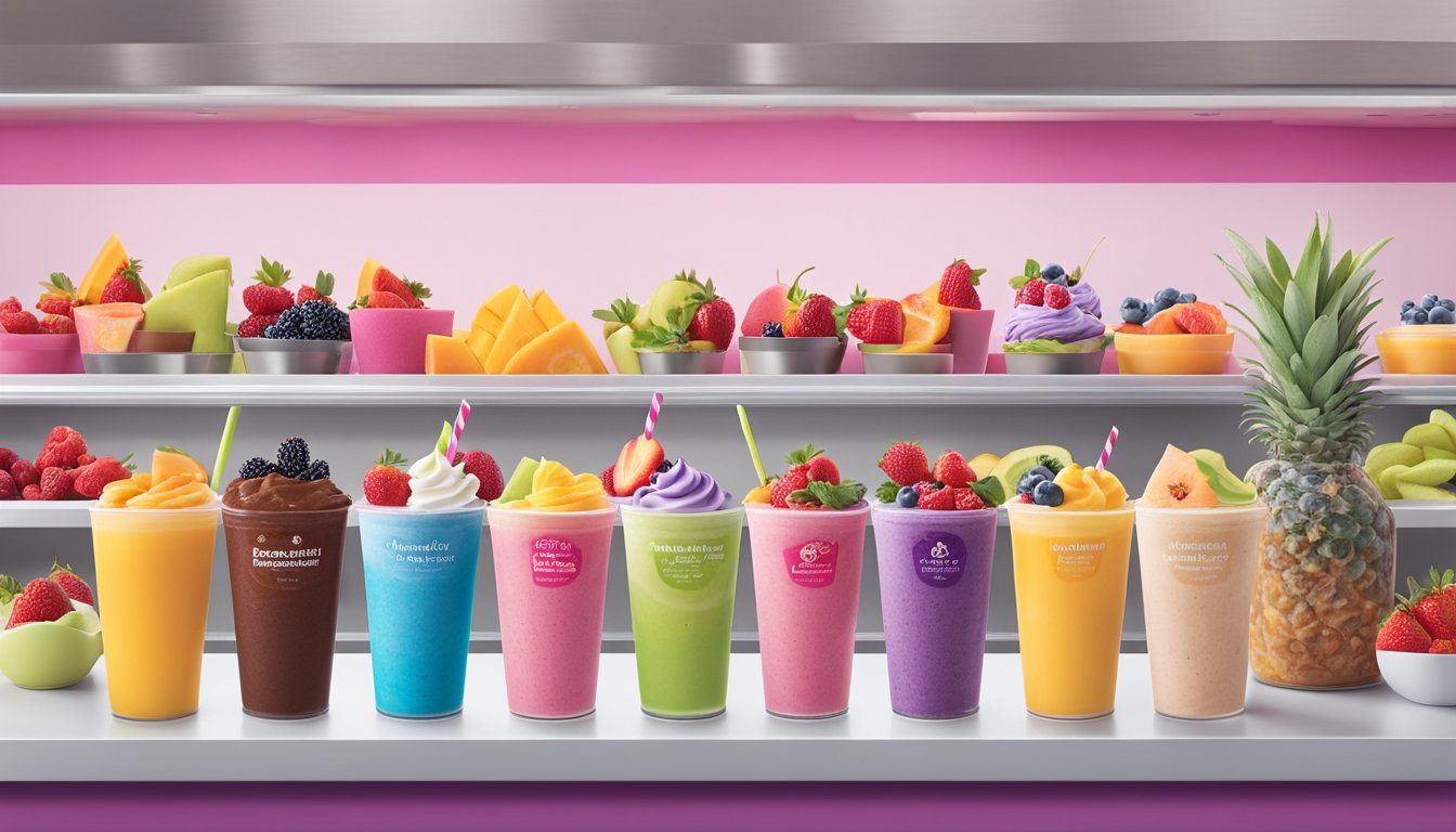 A display of colorful fruit-topped frozen yogurt and smoothie options at Baskin Robbins, surrounded by vibrant images of fresh ingredients