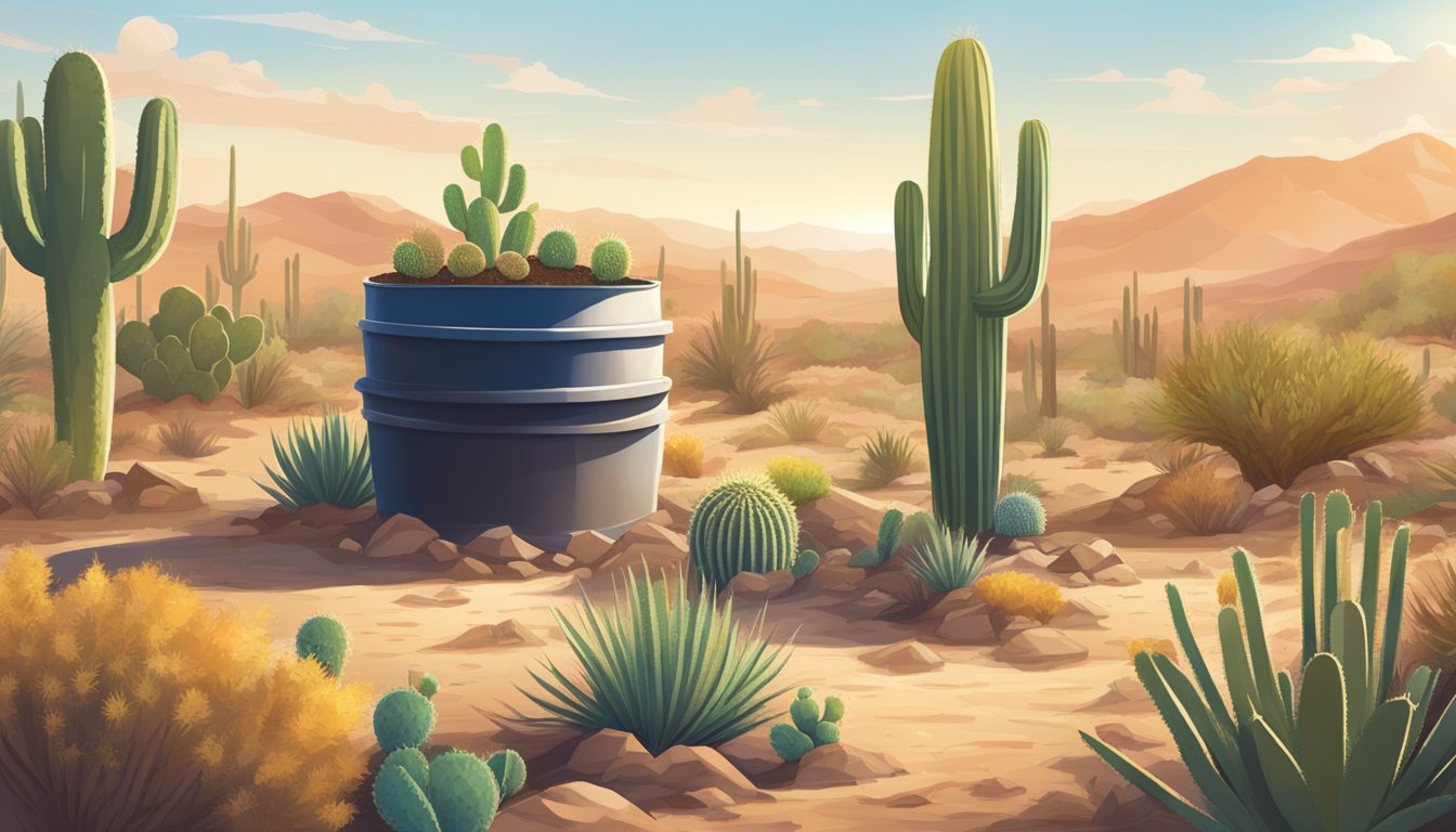 Arid landscape with cacti and dry soil. A composting bin sits in the backyard, surrounded by desert plants. Sun beats down on the scene