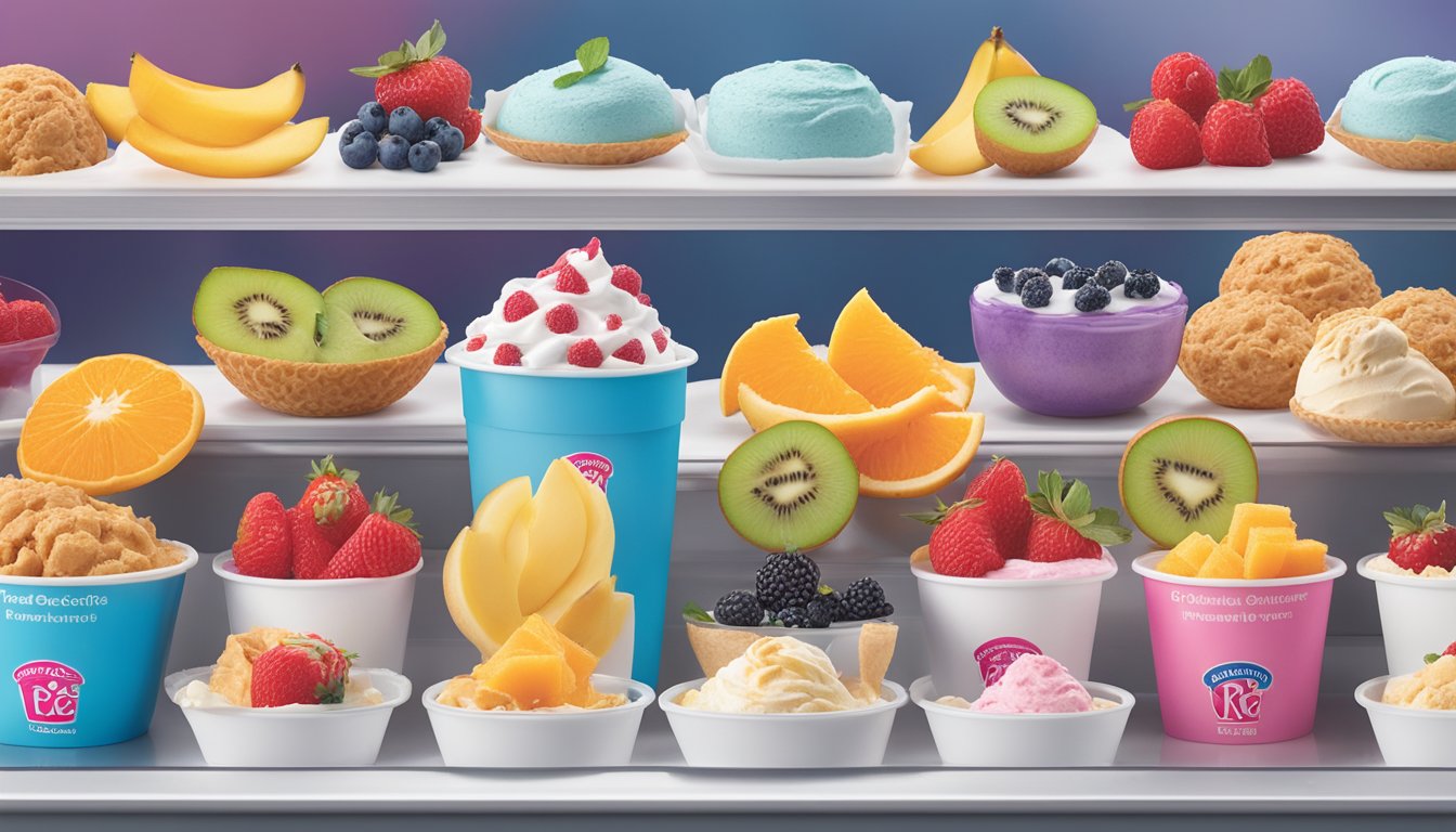 A colorful display of fresh fruit and yogurt toppings next to low-fat and sugar-free ice cream options at Baskin Robbins