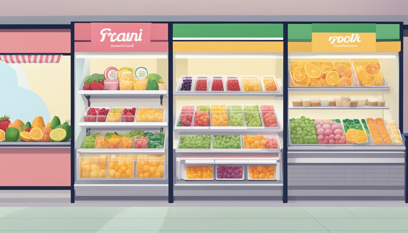 A colorful display of fresh fruit and yogurt options, alongside low-fat ice cream flavors, with nutritional information posted nearby