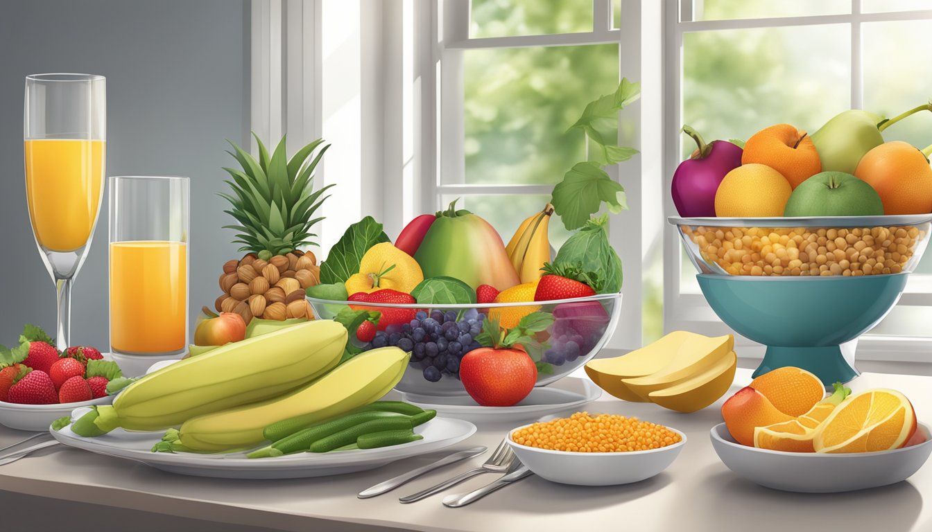 A colorful array of fresh fruits, vegetables, and whole grains displayed on a clean, modern table setting