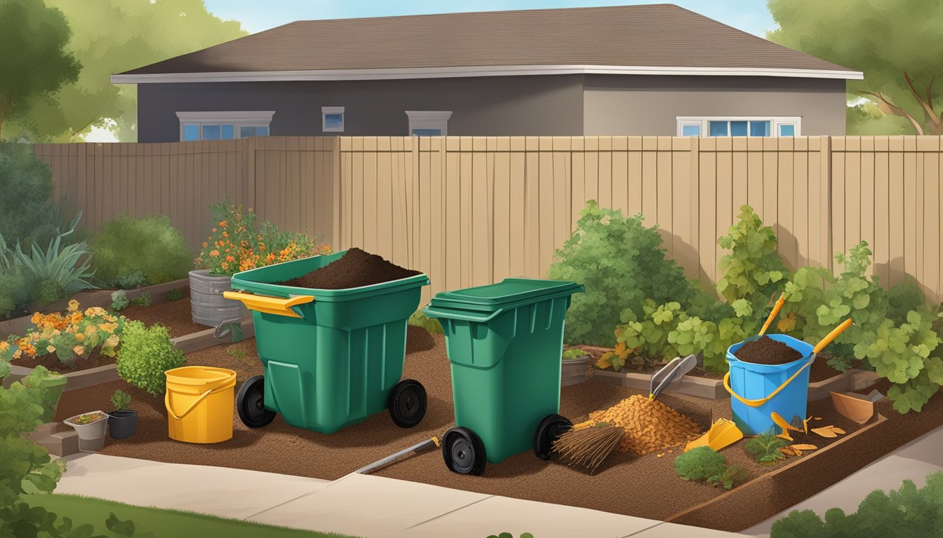 A backyard in Surprise, AZ with a compost bin surrounded by various gardening tools and materials. Dry leaves and kitchen scraps are being added to the compost pile