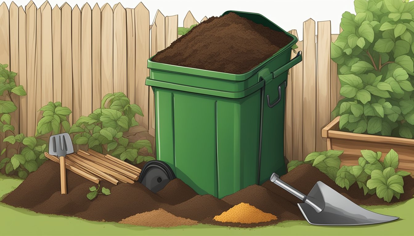 A backyard compost bin surrounded by a mix of green and brown organic materials, with a shovel and a Basic Principles of Composting guide nearby