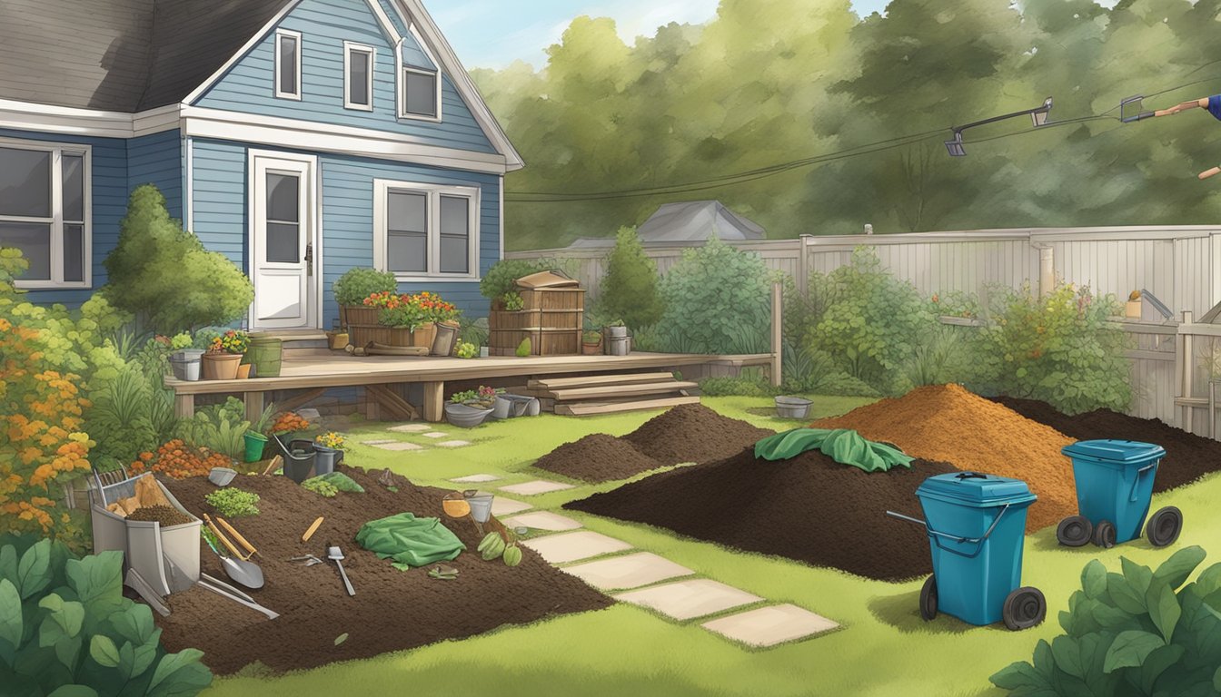 A suburban backyard with a compost bin, gardening tools, and various organic waste materials being added to the compost pile