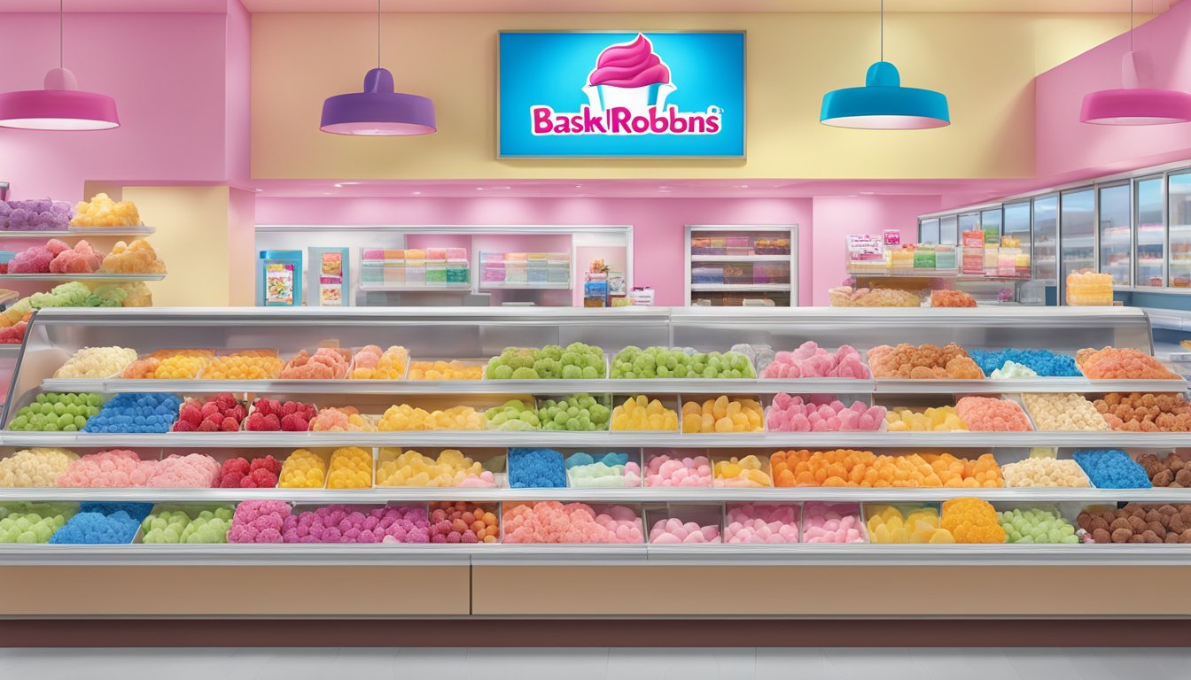 A display of colorful, fruit-filled ice cream and yogurt options at a Baskin Robbins store