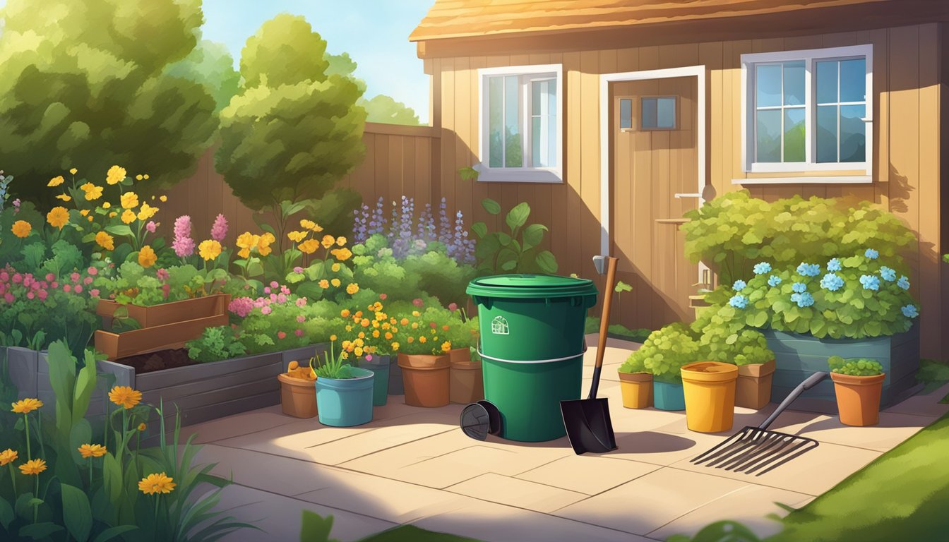 A sunny backyard with a compost bin, various organic materials, and a shovel. A small garden nearby with thriving plants