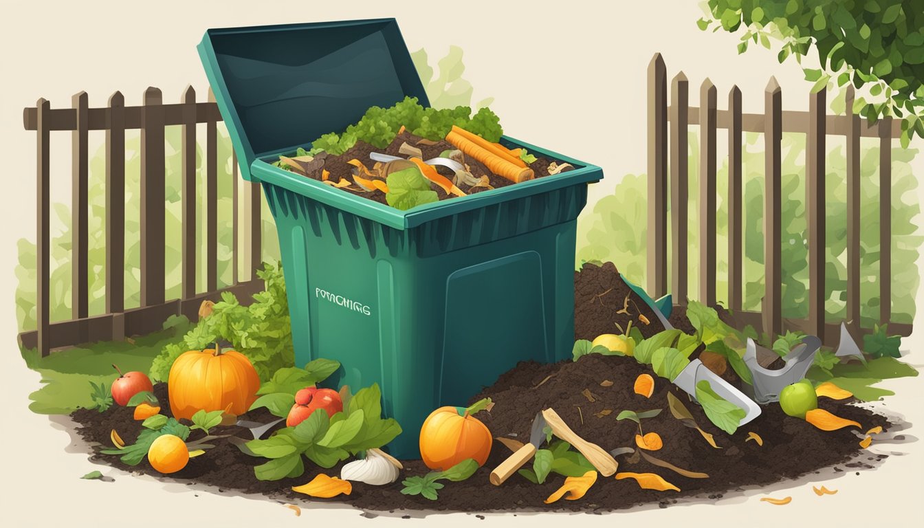 A backyard compost bin surrounded by a variety of organic waste including fruit peels, vegetable scraps, and yard clippings, with a small shovel and gardening gloves nearby