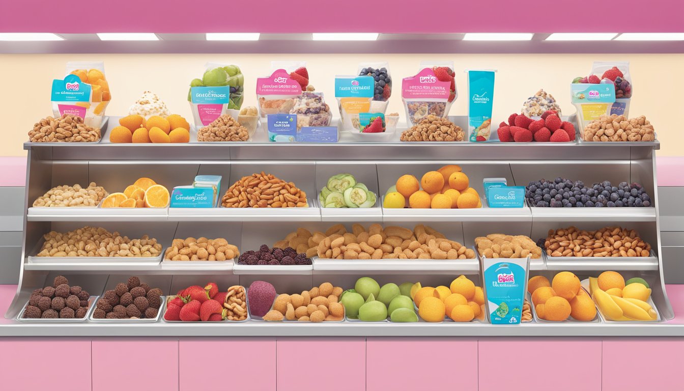 A colorful display of fresh fruits, nuts, and dairy-free options at Baskin Robbins, with clear allergen labels for each item