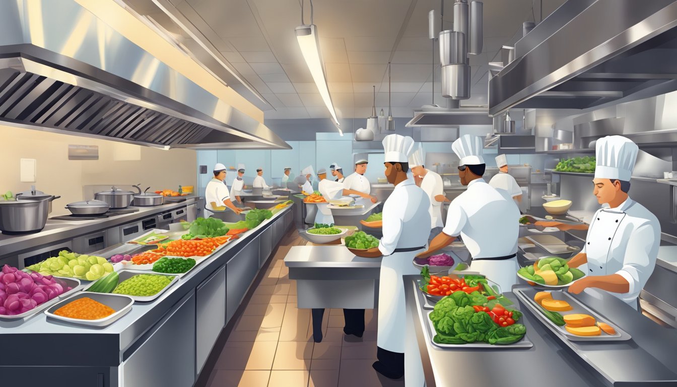 A bustling restaurant kitchen with chefs preparing colorful, fresh ingredients and creating delicious, nutritious dishes for health-conscious diners