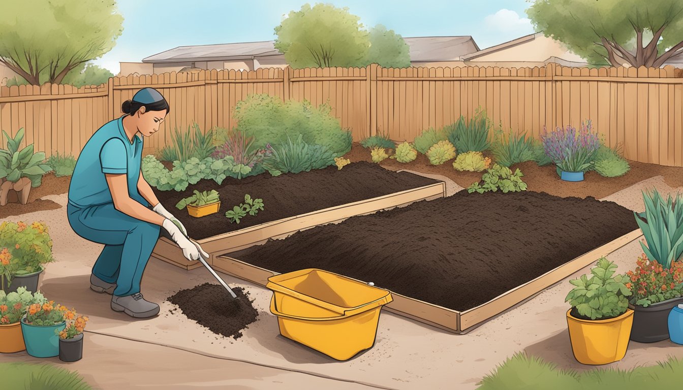 A person carefully adding finished compost to a garden bed, surrounded by various composting materials and tools in a backyard setting in Surprise, AZ