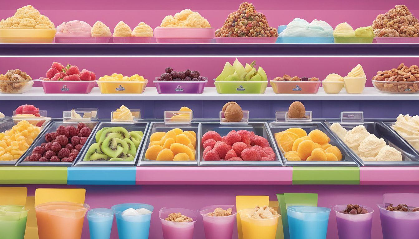 A colorful display of fresh fruit and nuts next to a variety of low-fat and sugar-free ice cream options at Baskin Robbins