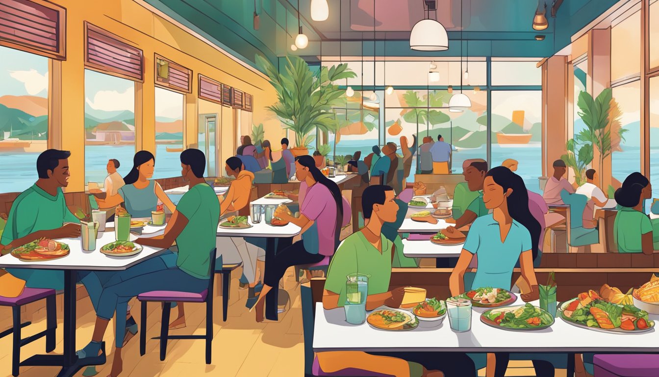 A bustling restaurant with vibrant salads, fresh smoothies, and grilled fish dishes displayed on the menu. Customers are seen enjoying their nutritious meals at colorful tables