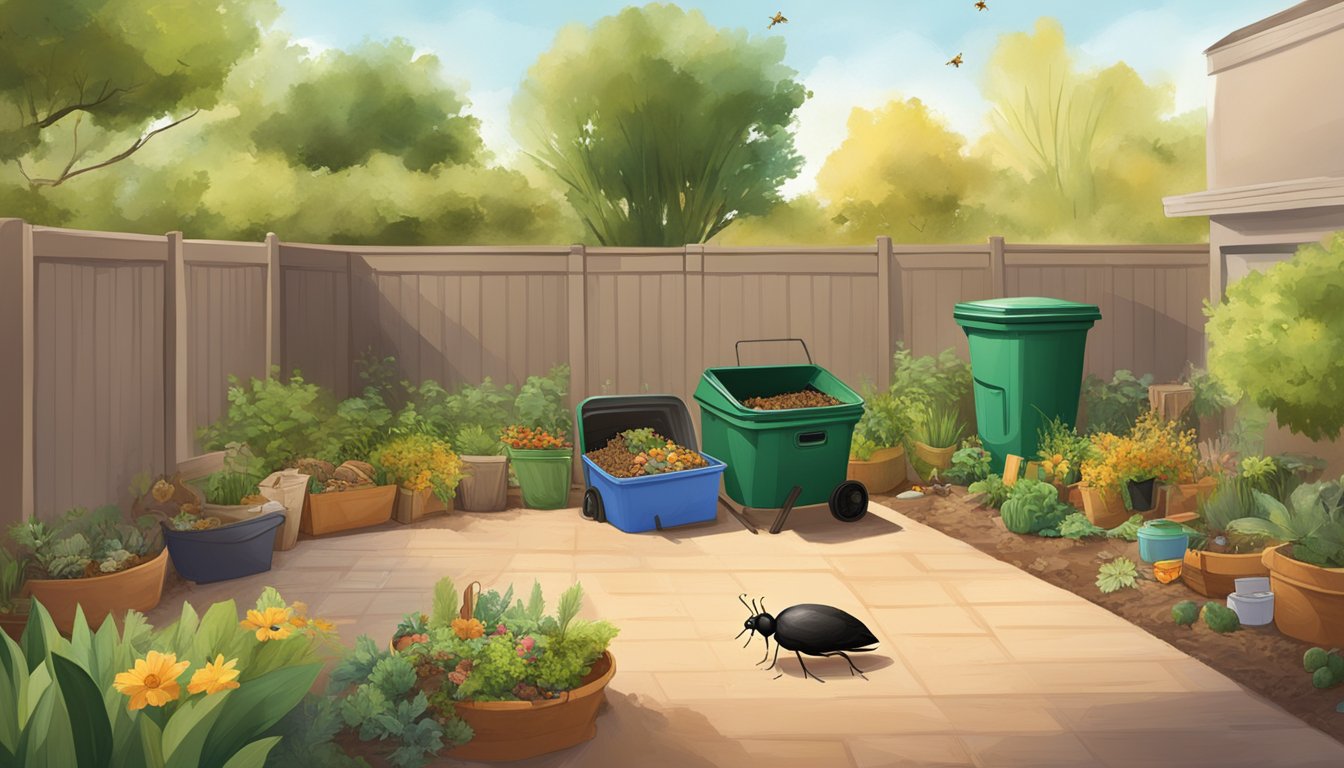 A backyard in Tempe, Arizona with a compost bin surrounded by various organic materials such as food scraps, leaves, and yard waste. The sun is shining and there are small insects buzzing around