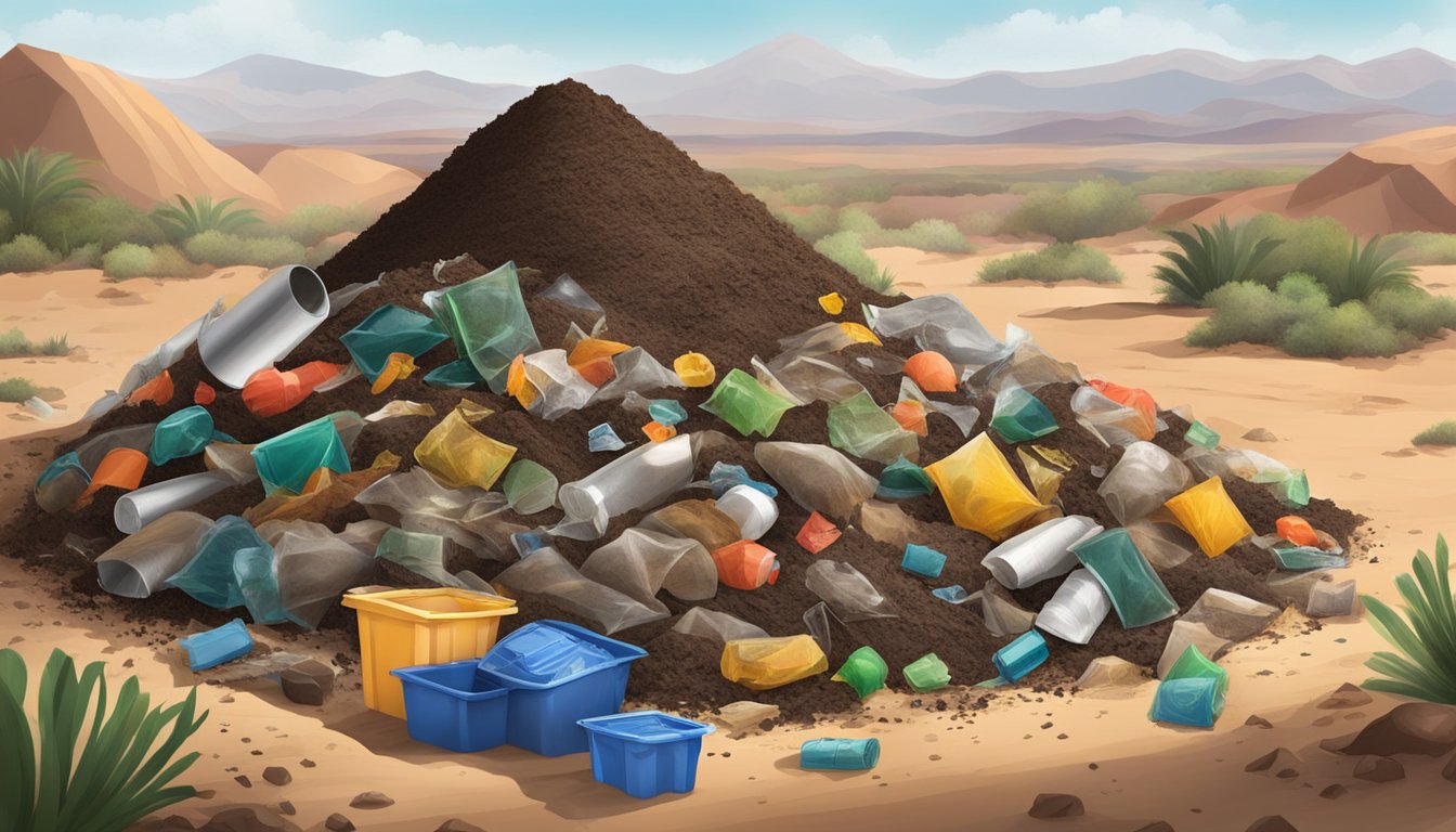 A pile of compost with a variety of materials such as plastic, metal, and glass clearly labeled as excluded. The compost is surrounded by a desert landscape