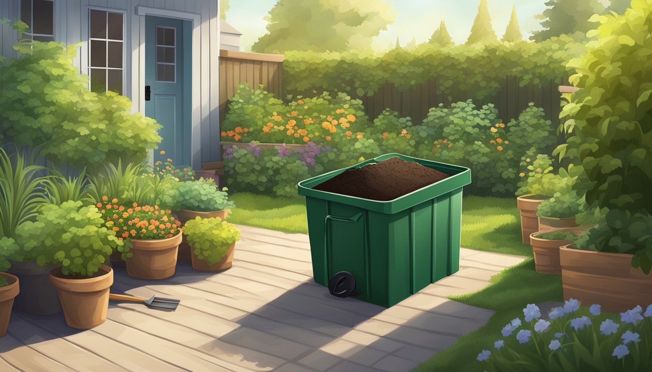 A sunny backyard with a compost bin surrounded by green plants and a small shovel