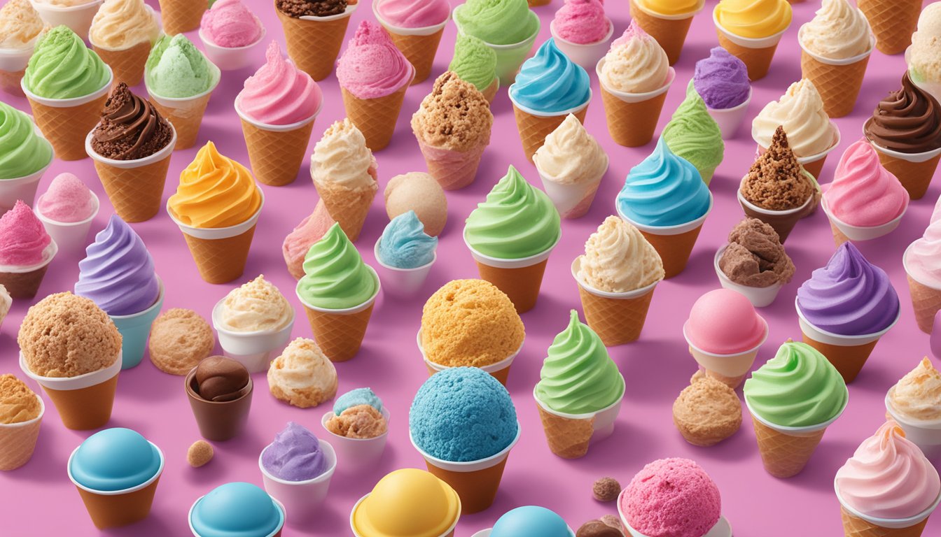 A display of colorful cones and cups filled with various healthy ice cream options at Baskin Robbins