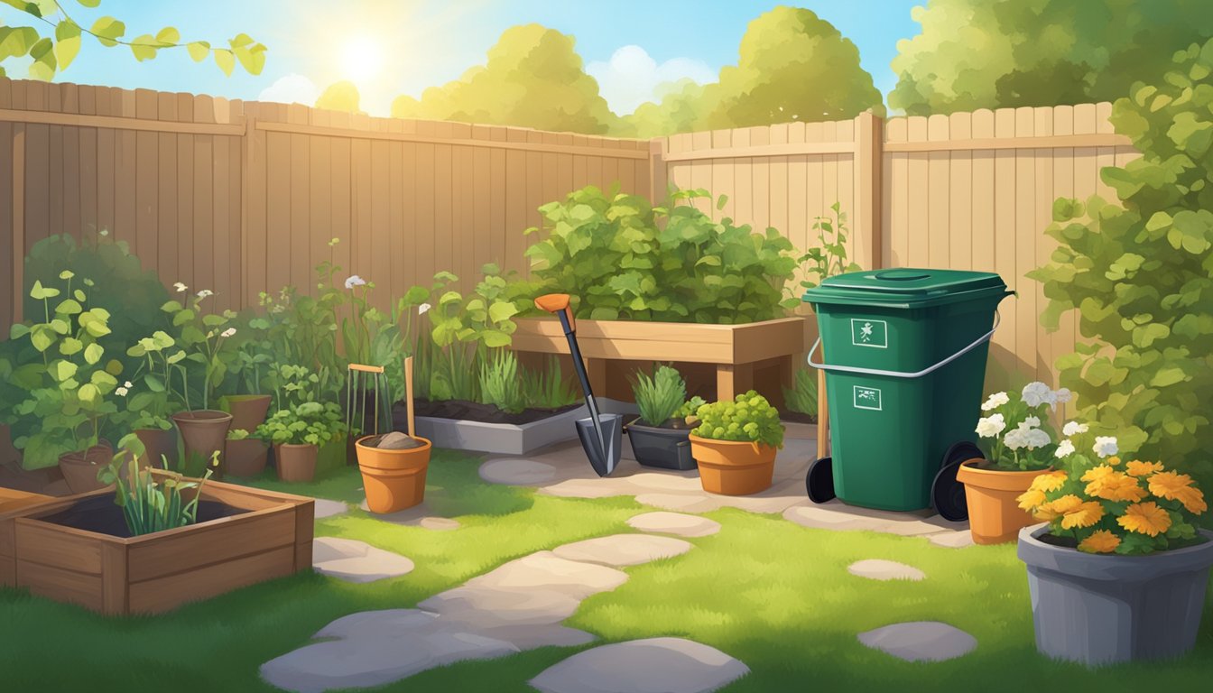 A sunny backyard with a compost bin, shovel, and various organic materials scattered nearby. A small garden plot and a few potted plants are visible in the background