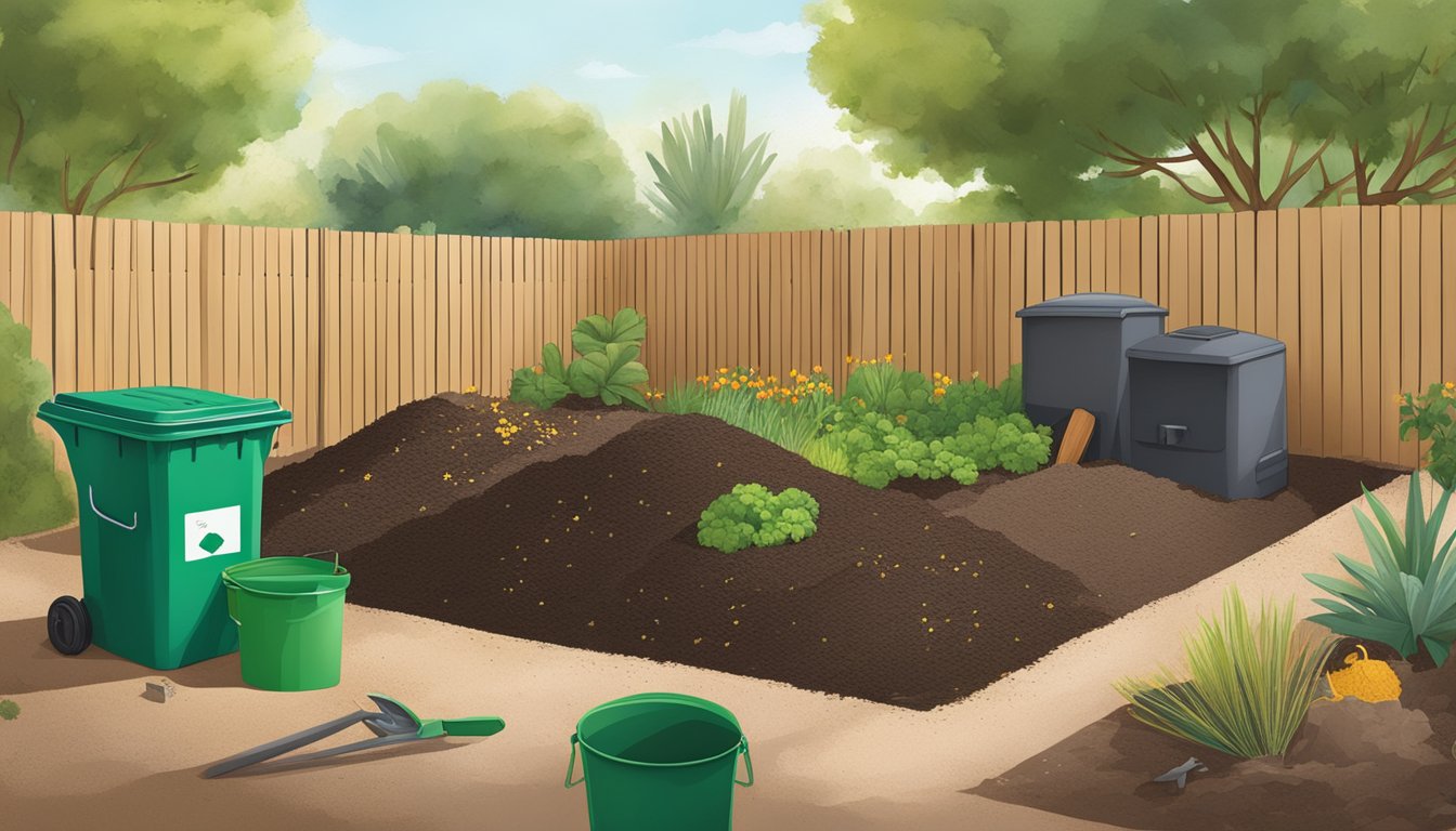 A backyard in Tempe, AZ with a compost bin, garden tools, and a variety of organic waste being added to the compost pile