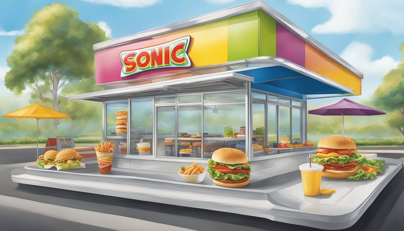 A colorful menu board at Sonic Drive-In showcases various healthy food options, including salads, grilled chicken sandwiches, and fruit smoothies