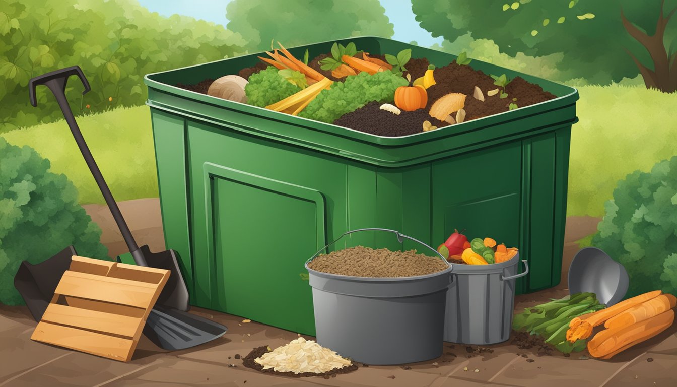 A backyard compost bin surrounded by a variety of food scraps and yard waste, with a small shovel and gardening gloves nearby