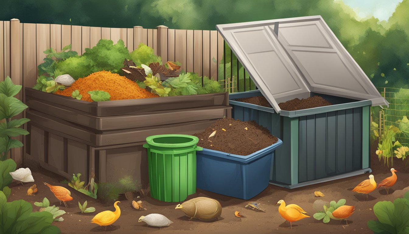 A backyard compost bin surrounded by various types of organic waste, with a mix of dry and wet materials, and a few visible pests