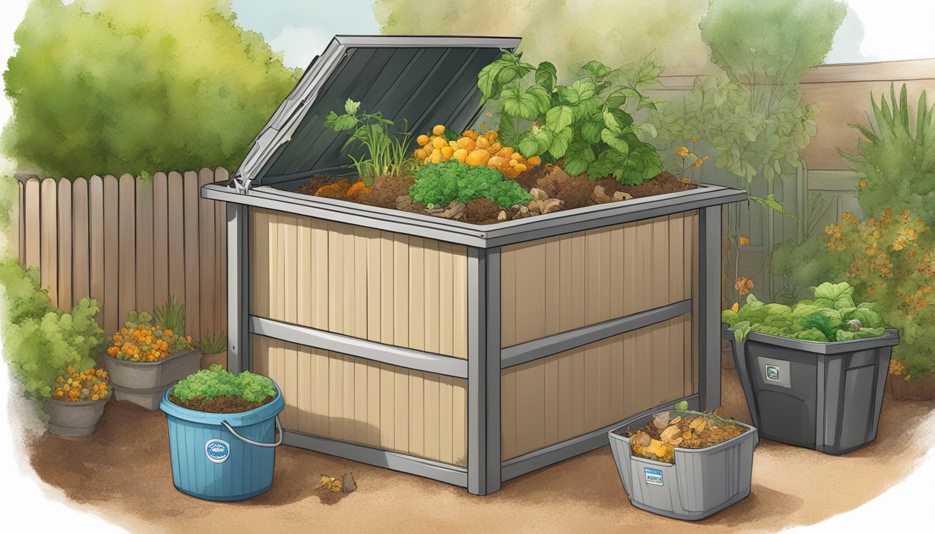 A backyard compost bin surrounded by a variety of organic waste, with a small garden nearby in Tempe, AZ