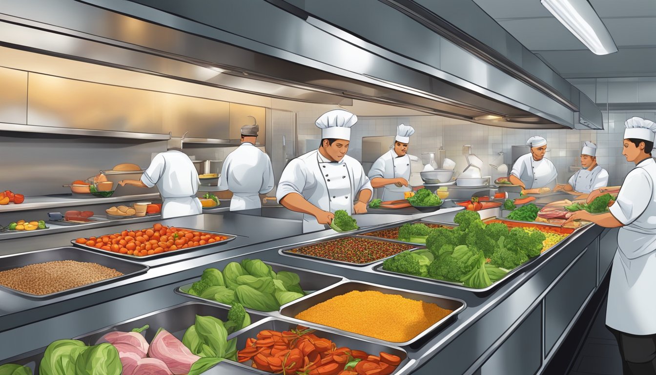 A bustling restaurant kitchen with fresh produce, lean meats, and vibrant spices on display. Chefs expertly prepare colorful, nutritious dishes