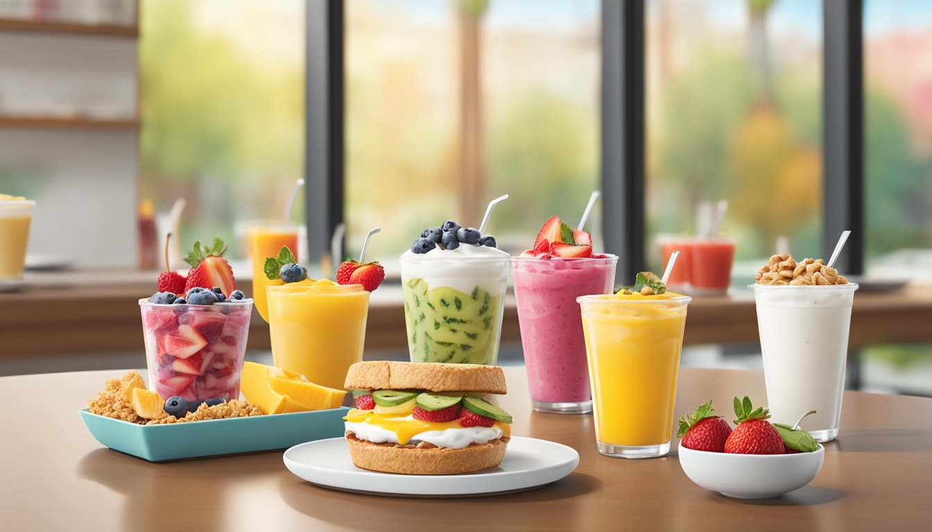 A colorful spread of fresh fruit, yogurt parfaits, and whole grain breakfast sandwiches displayed on a clean, modern table at Sonic