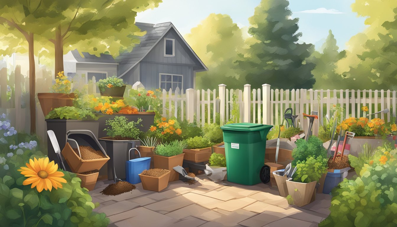 A sunny backyard with a compost bin, gardening tools, and various organic materials being added to the pile