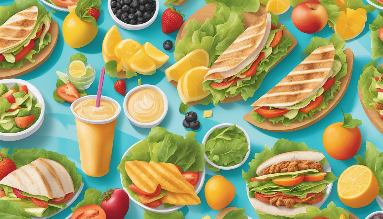 A colorful array of fresh salads, grilled chicken wraps, and fruit cups displayed on a vibrant menu board at Sonic