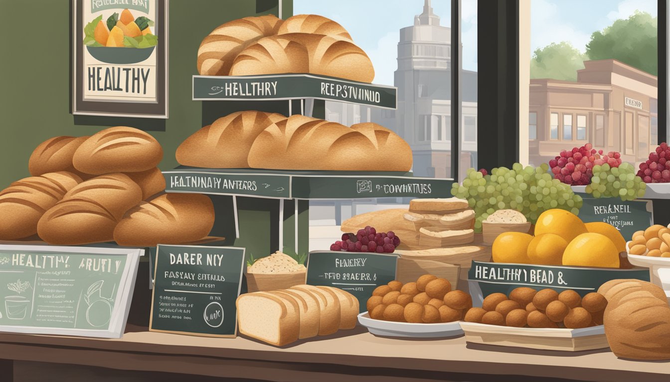 A display of fresh bread, pastries, and fruit next to a sign promoting healthy alternatives at a corner bakery